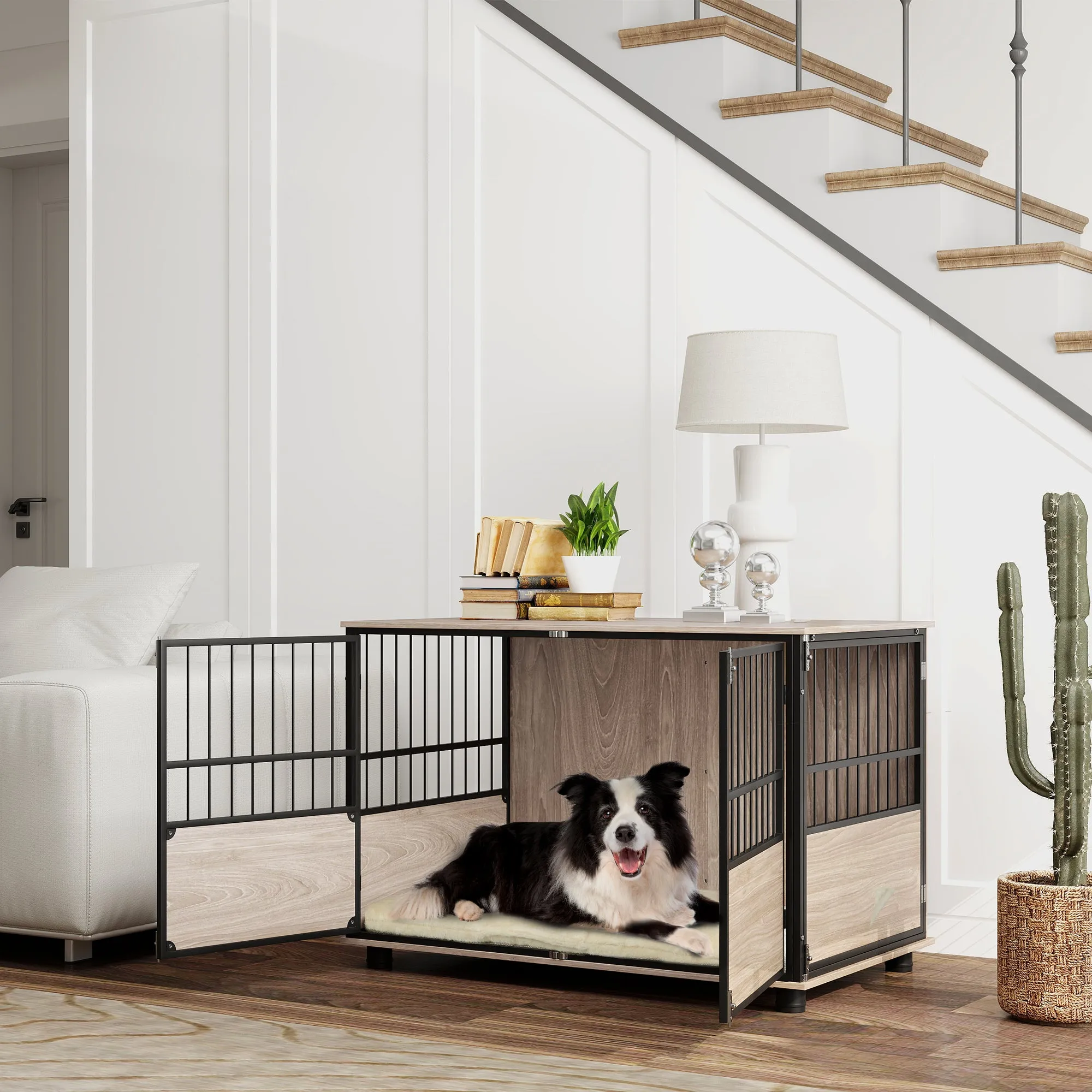 100cm Dog Crate Furniture Dog Cage End Table Indoor w/ Doors, Cushion