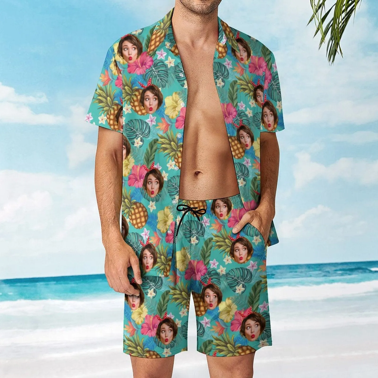 9 Styles Custom Face on Hawaiian Set Tropical Leaves Style Beach Holiday Hawaiian Shirt & Summer Shorts Set