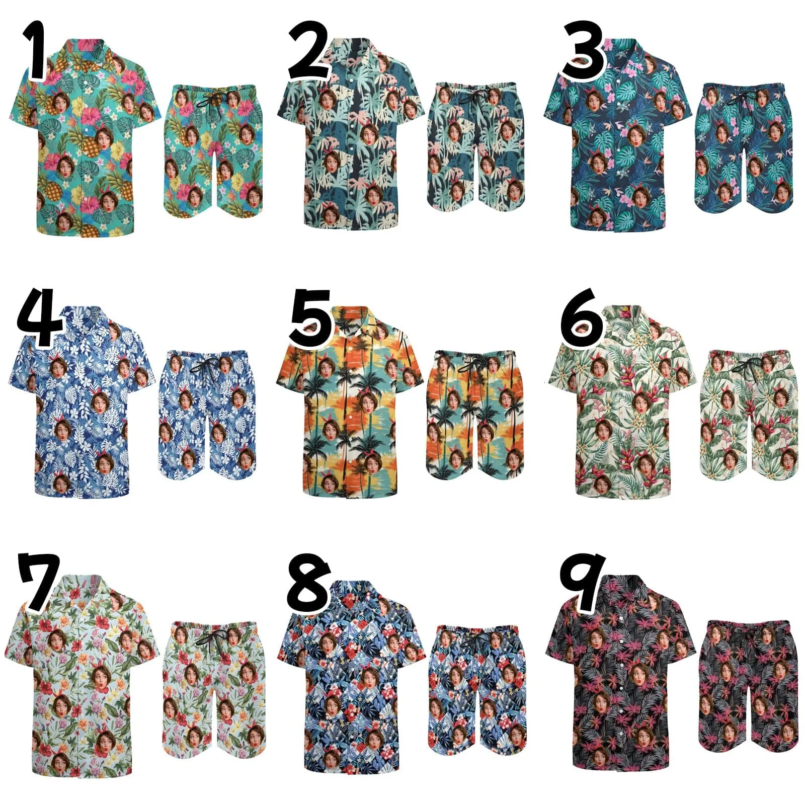 9 Styles Custom Face on Hawaiian Set Tropical Leaves Style Beach Holiday Hawaiian Shirt & Summer Shorts Set