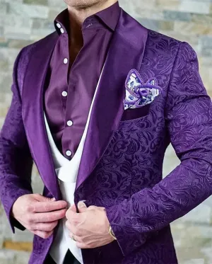 Aidase Elegant Mens Suits 2024 Italian Design Custom Made Purple Jacquard Smoking Tuxedo Jacket 3 Piece Groom Wedding Suits For Men