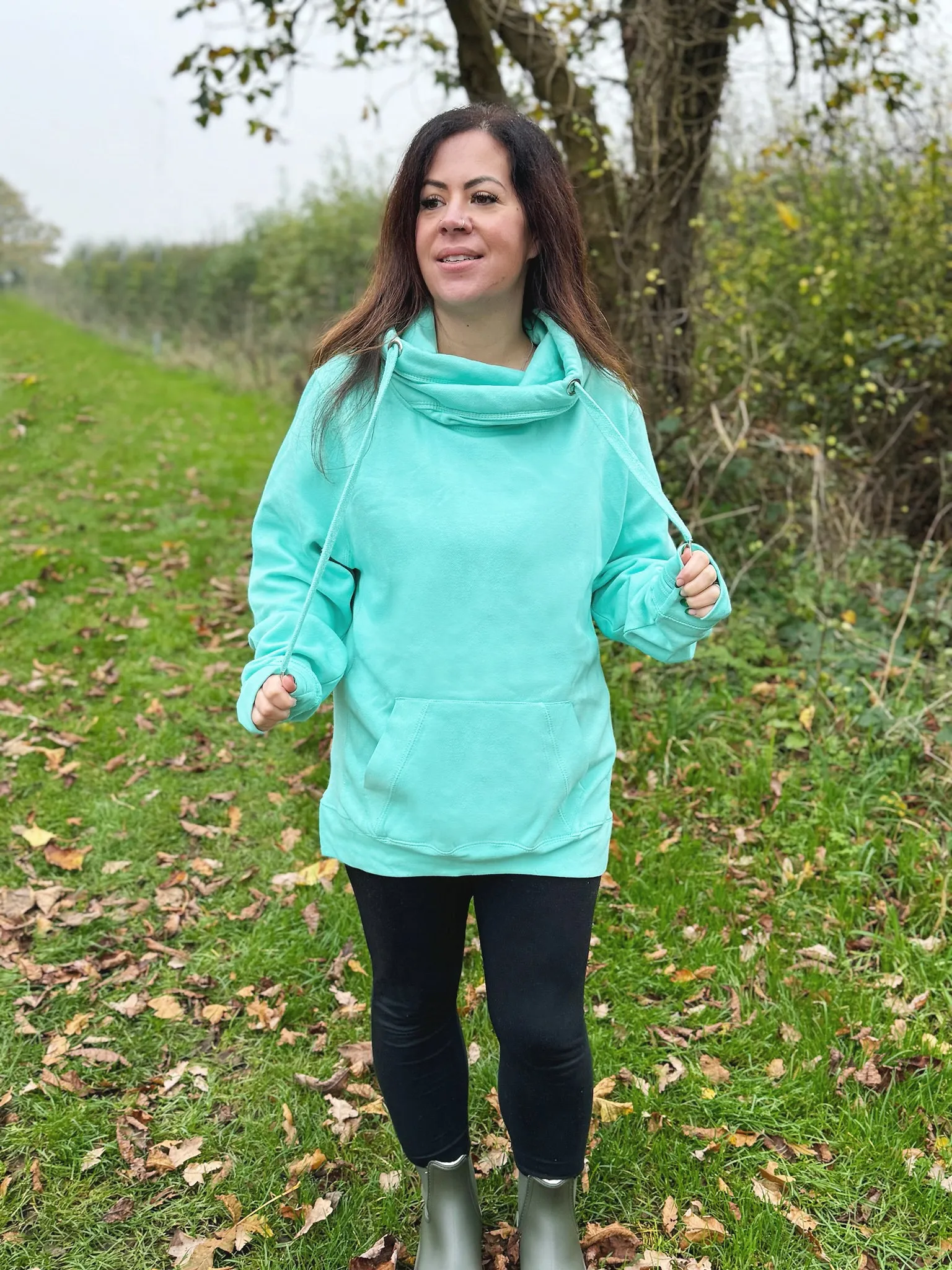 Classic Plain Cowl Neck Luxe Hoodie - Mint