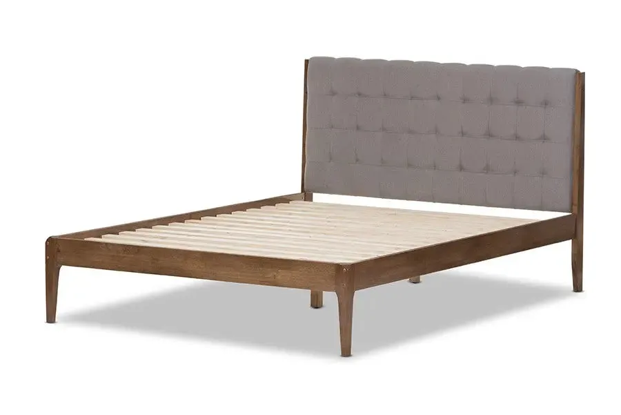 Clifford Light Grey Fabric & Brown Finish Wood Platform Bed w/Tapered Legs (Full)