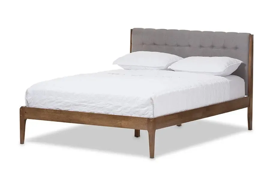 Clifford Light Grey Fabric & Brown Finish Wood Platform Bed w/Tapered Legs (Full)