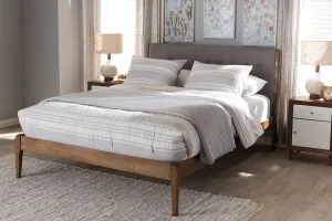 Clifford Light Grey Fabric & Brown Finish Wood Platform Bed w/Tapered Legs (Full)