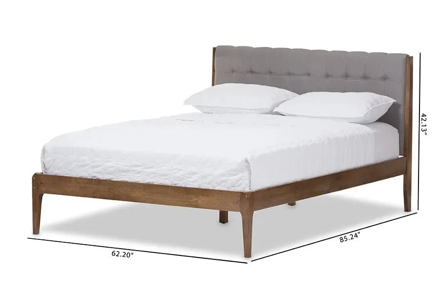 Clifford Light Grey Fabric & Brown Finish Wood Platform Bed w/Tapered Legs (Full)