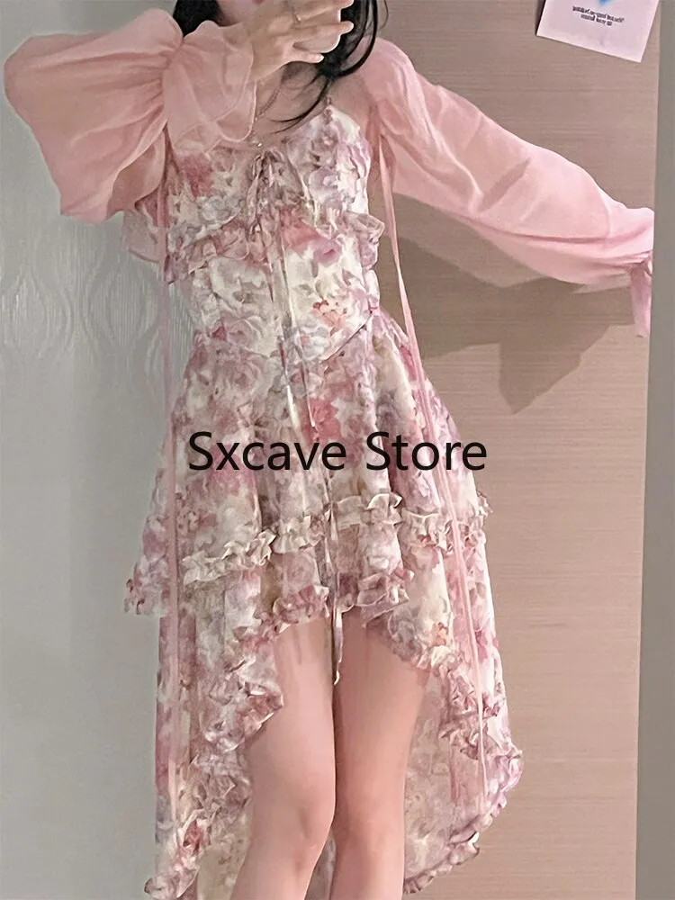 deanwangkt Piece Dress Set Women Boho Beach Sundress Office Lady Slim Elegant Floral Strap Dress Koran Fashion Suits   Blouse  Summer