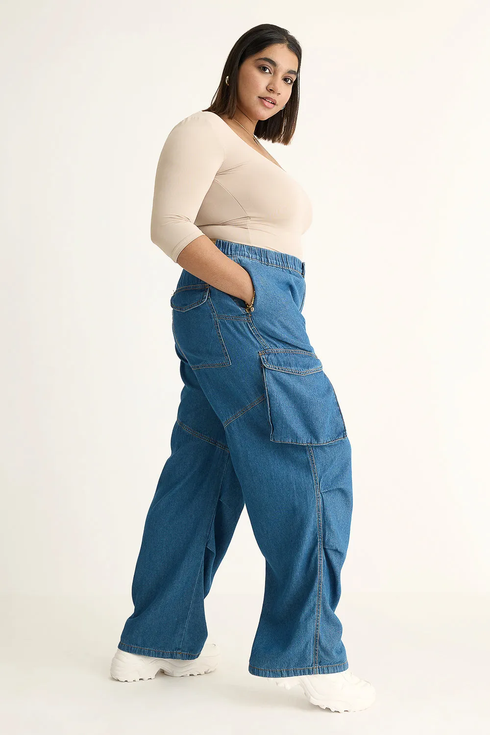 Denim Lightweight Pleated Cargo Pants