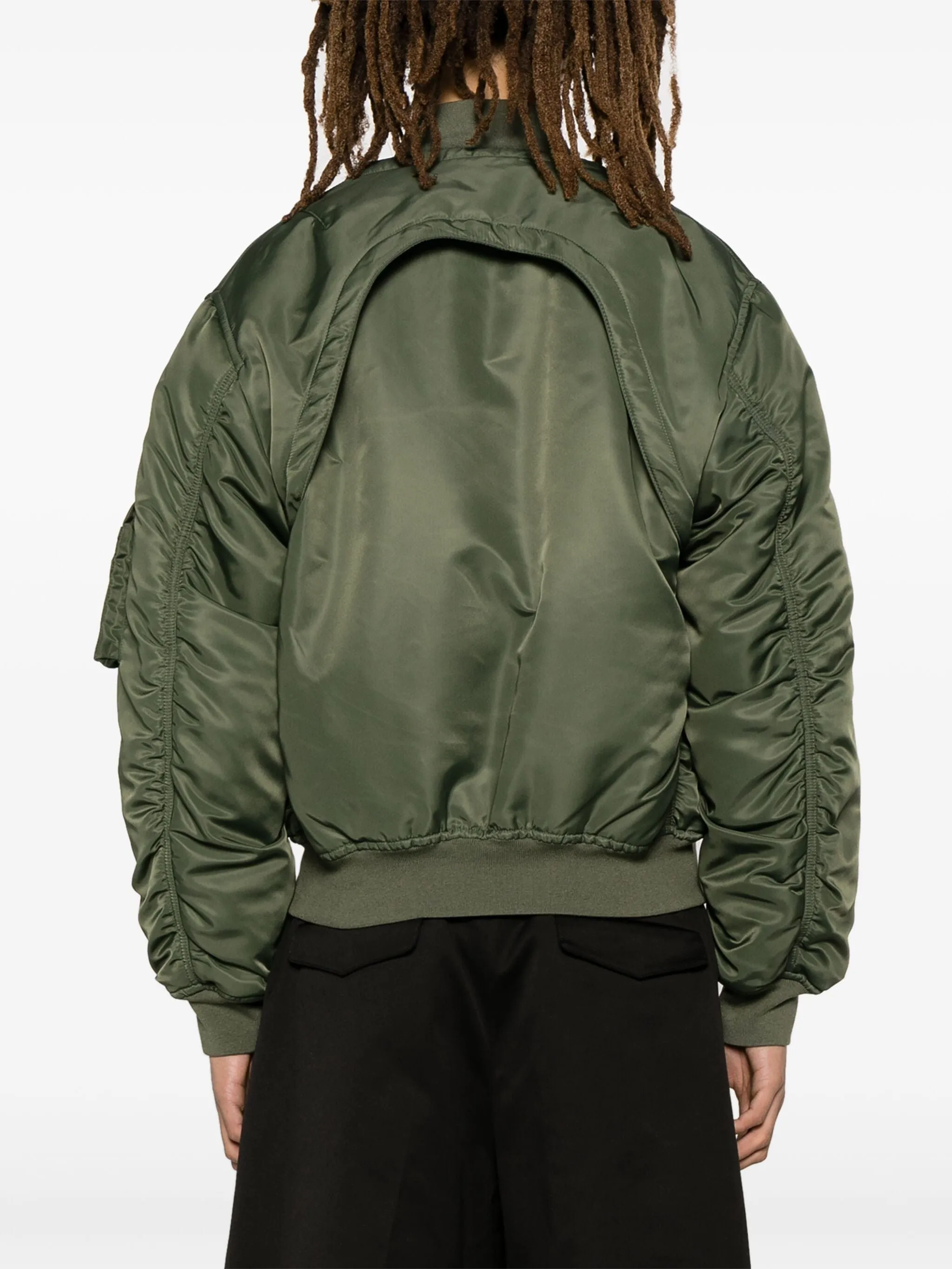 Detachable-Sleeve Ruched Bomber Jacket