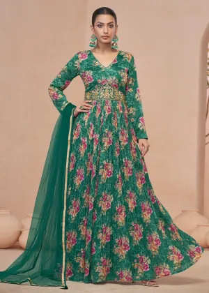 Digital Printed Green Embroidered Wedding Anarkali Gown