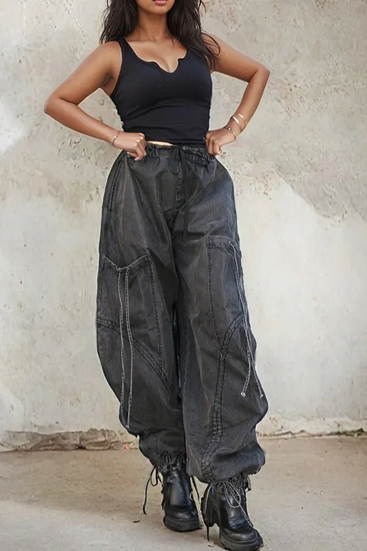 Drawstring Denim Cargo Pants