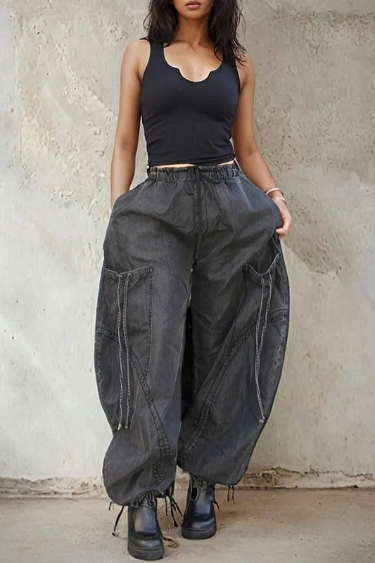 Drawstring Denim Cargo Pants