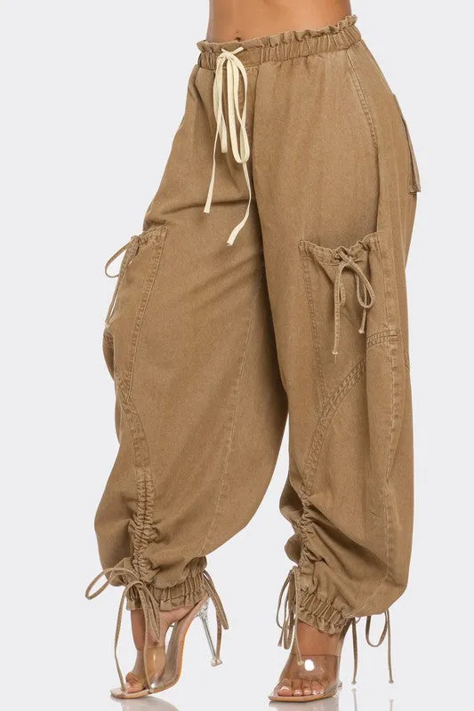 Drawstring Denim Cargo Pants