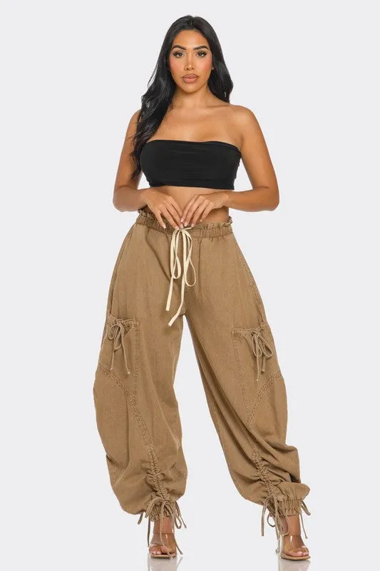 Drawstring Denim Cargo Pants