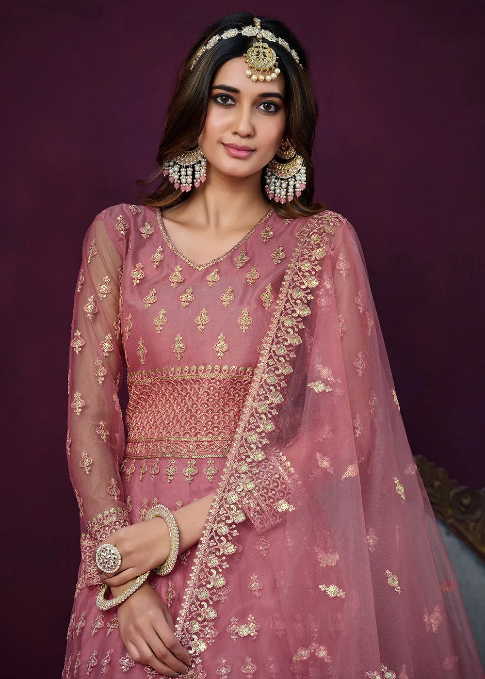 Floor Length Pink Sequins Embroidered Wedding Anarkali Suit