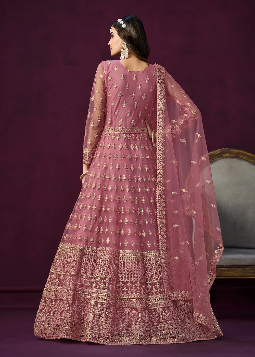 Floor Length Pink Sequins Embroidered Wedding Anarkali Suit