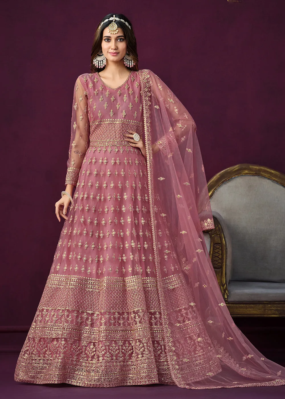 Floor Length Pink Sequins Embroidered Wedding Anarkali Suit