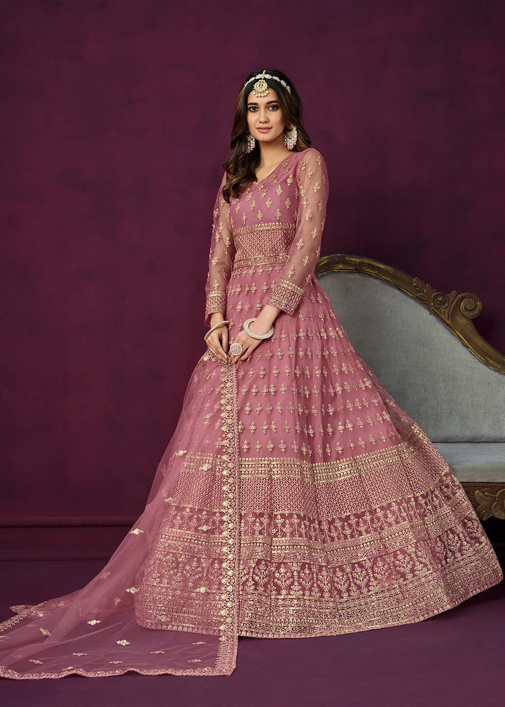 Floor Length Pink Sequins Embroidered Wedding Anarkali Suit