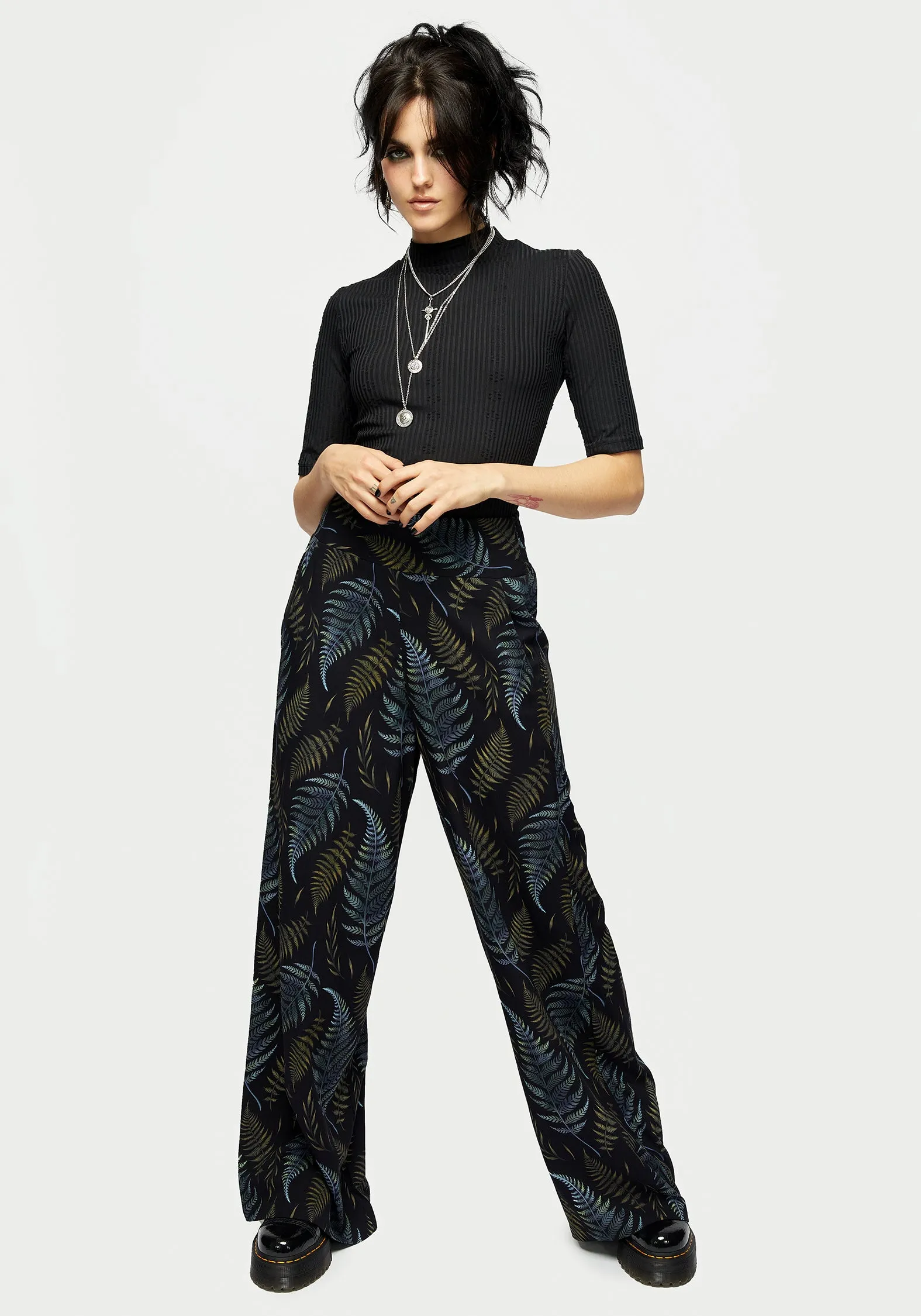 Frond Print Wide Leg Smocked Trouser