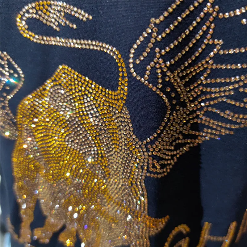 Glittering Winged Bull Rhinestones Decorated T-Shirt