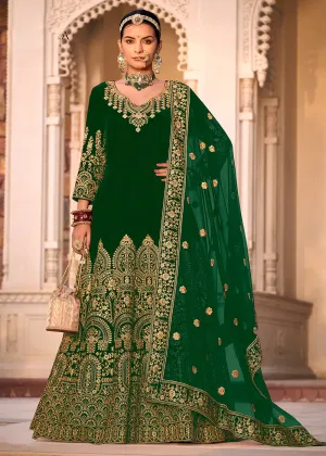 Green Velvet Front & Back Embroidery Wedding Anarkali Suit