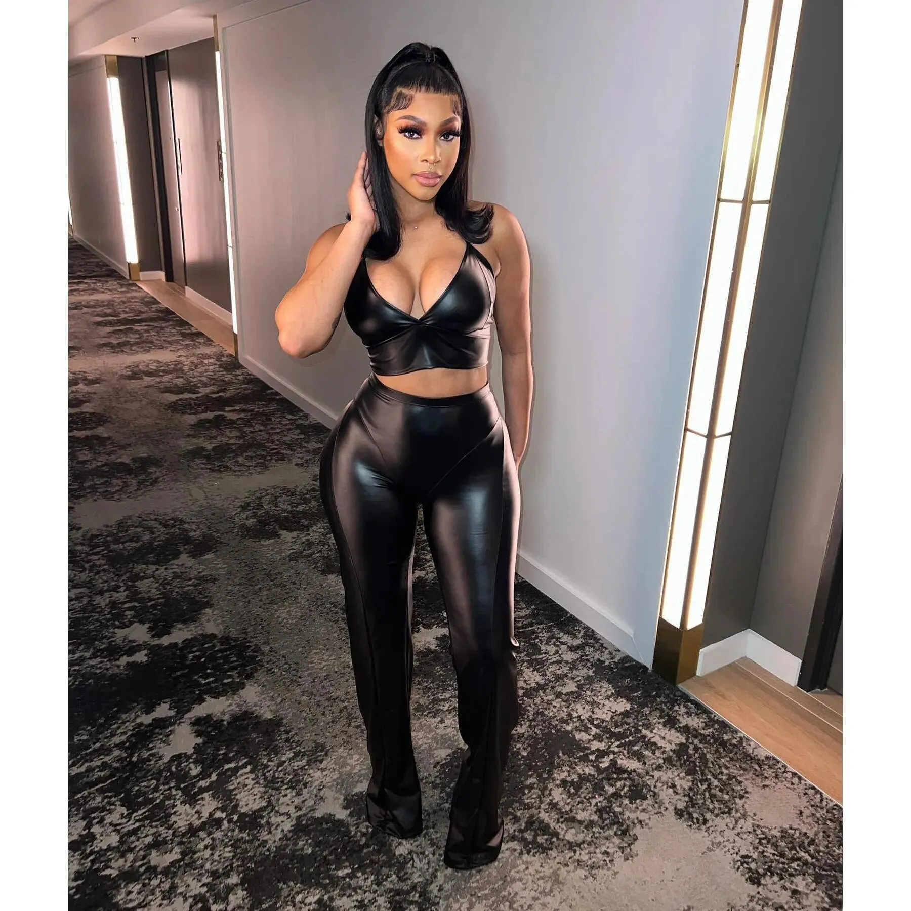 Leather PU Pant Outfit Crop Tops Two Piece Set*