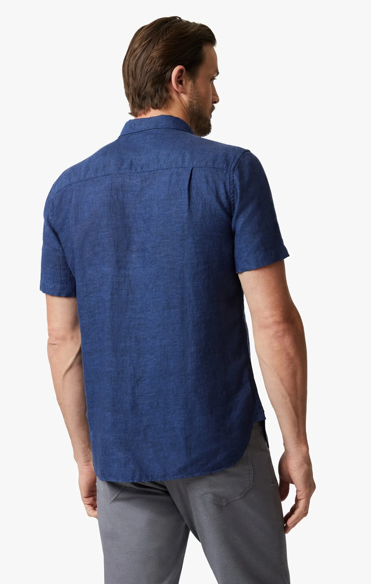 Linen Short Sleeve Shirt In Indigo