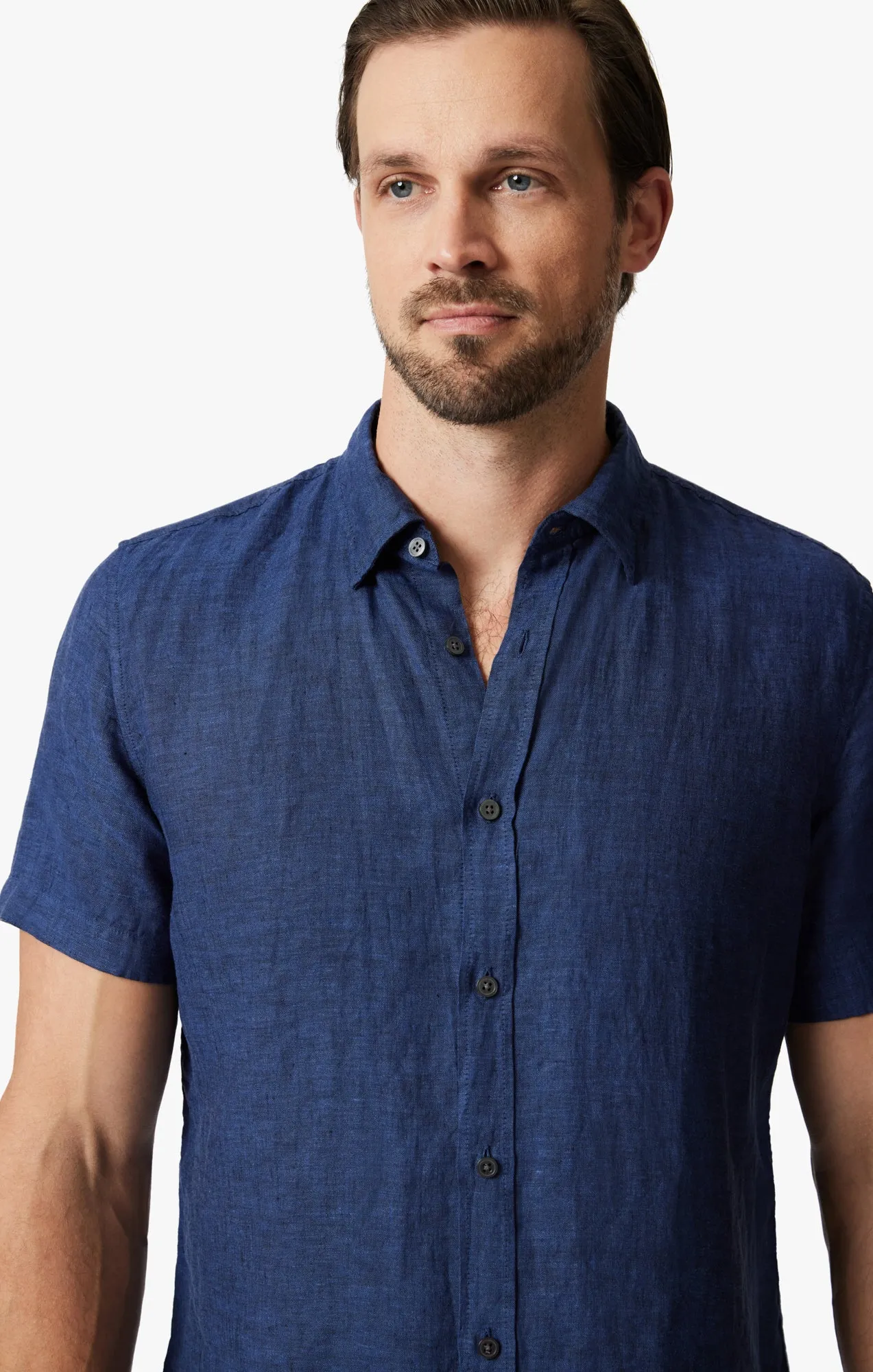 Linen Short Sleeve Shirt In Indigo