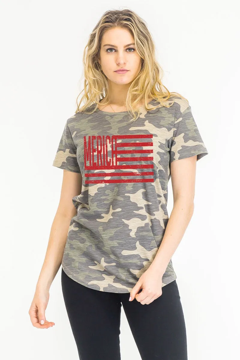 Merica flag on cammo print soft-slub texture washed fit T-shirt