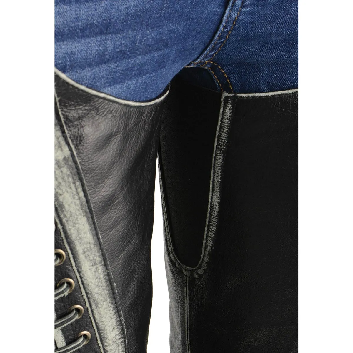 Milwaukee Leather Premium Black Leather Motorcycle Chaps for Women w/ Rubbed Seams-Lace Detail MLL6526