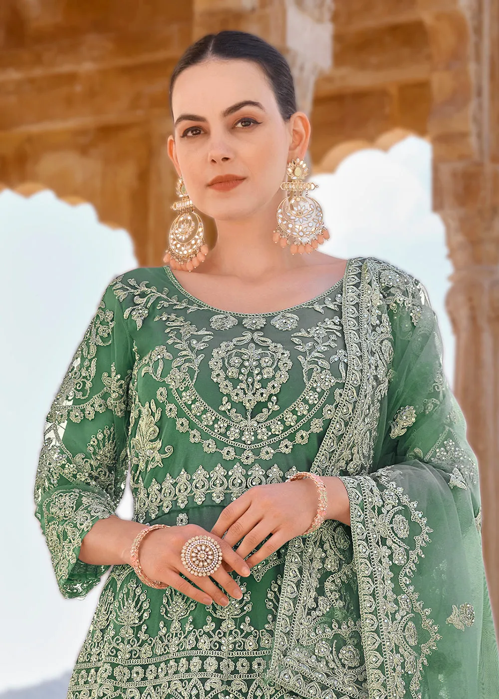 Mint Green Front & Back Stone Embroidered Wedding Anarkali Suit