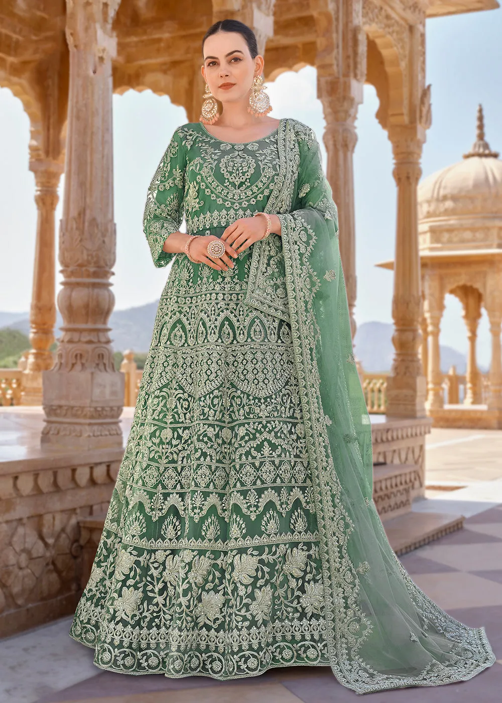 Mint Green Front & Back Stone Embroidered Wedding Anarkali Suit