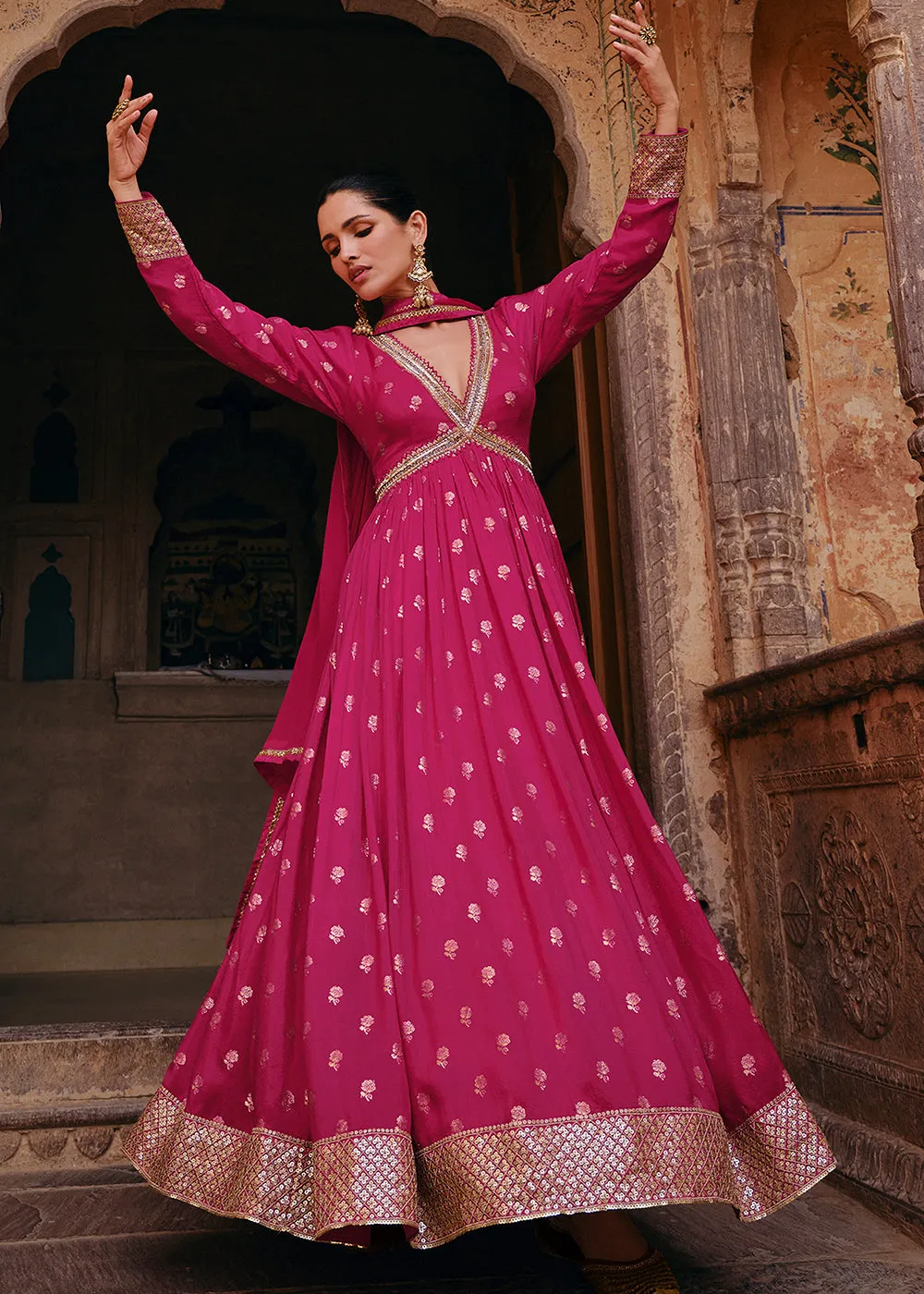 Pink Pure Viscose Jacquard Silk Embroidered Designer Anarkali Suit