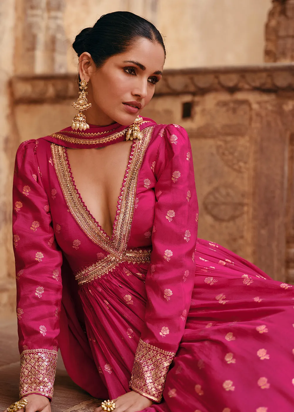 Pink Pure Viscose Jacquard Silk Embroidered Designer Anarkali Suit