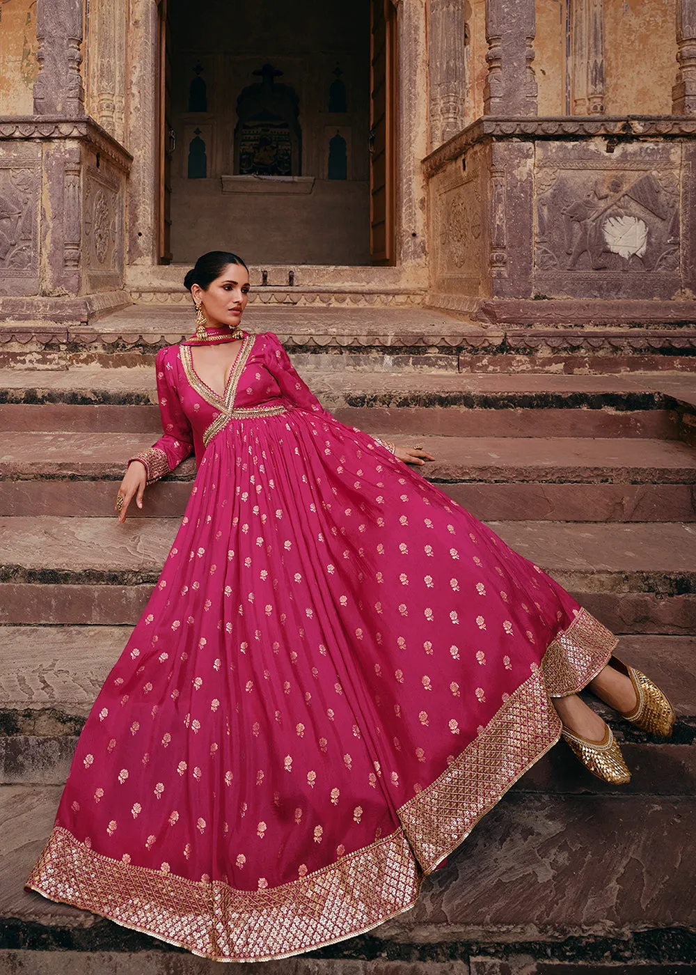 Pink Pure Viscose Jacquard Silk Embroidered Designer Anarkali Suit