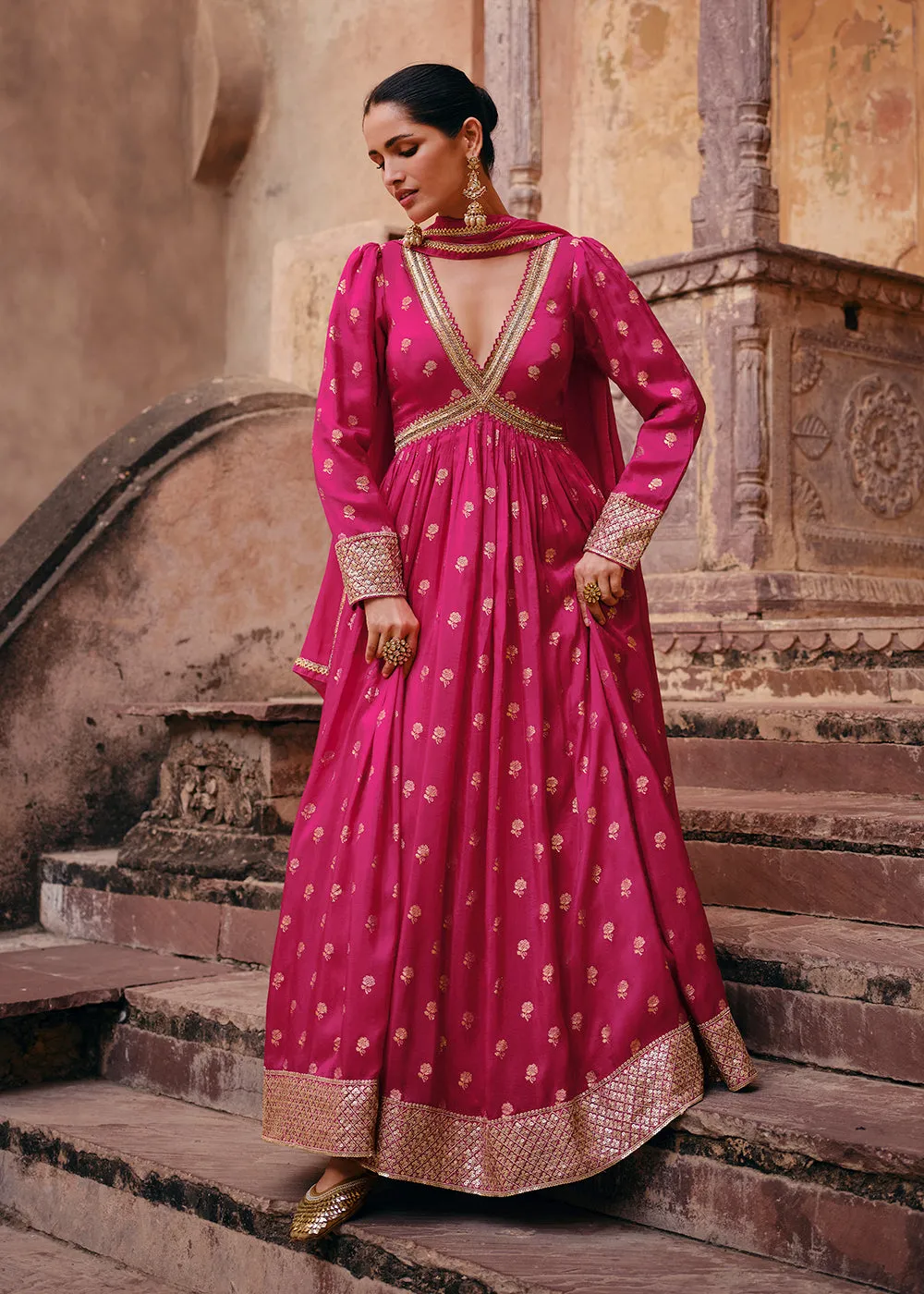 Pink Pure Viscose Jacquard Silk Embroidered Designer Anarkali Suit