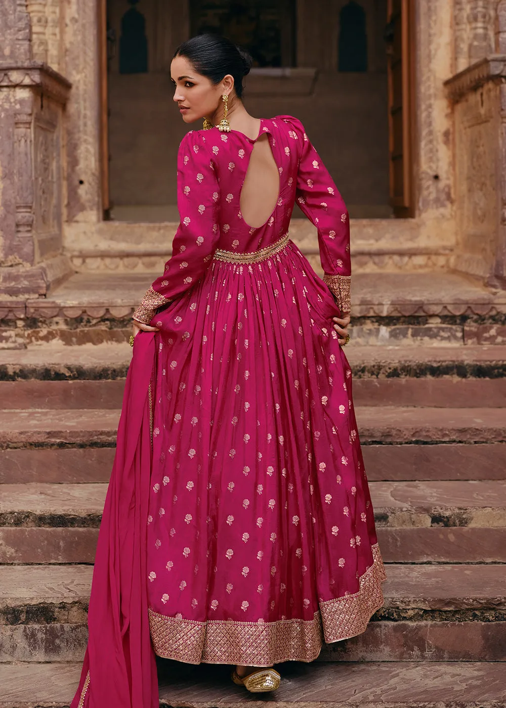 Pink Pure Viscose Jacquard Silk Embroidered Designer Anarkali Suit