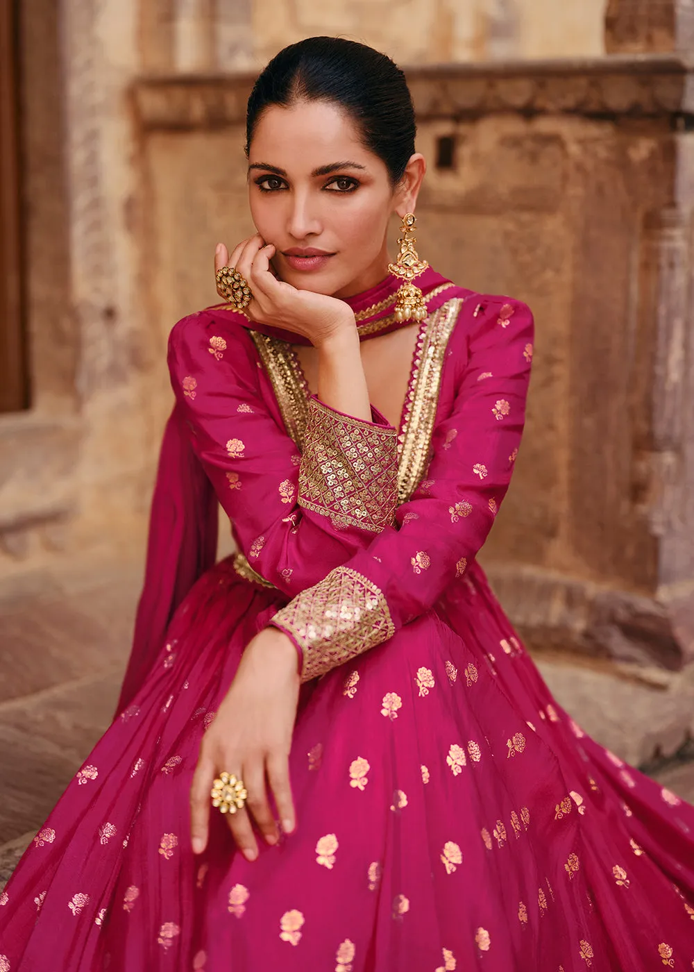 Pink Pure Viscose Jacquard Silk Embroidered Designer Anarkali Suit