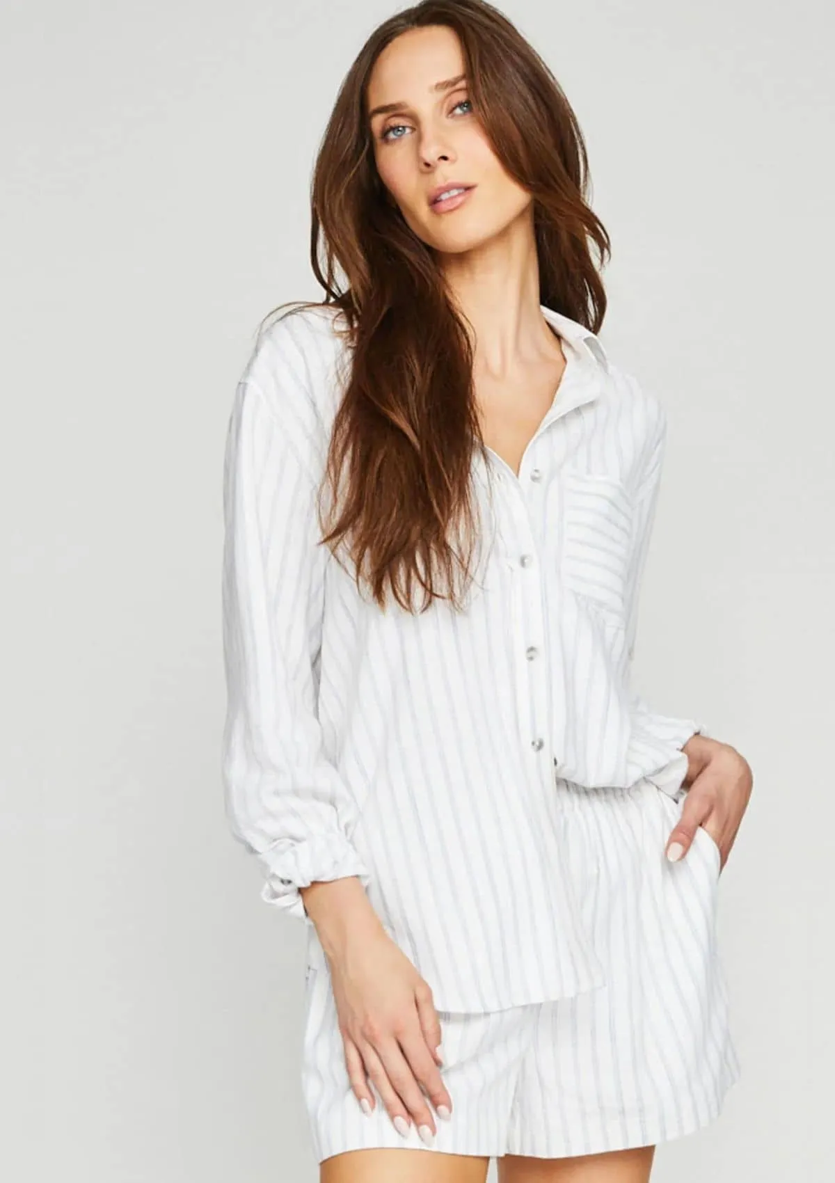 Portia White Striped Button Down Top