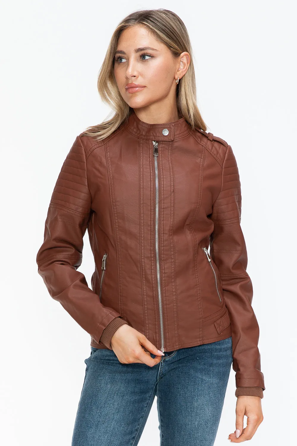 PU Leather Biker Jacket with Side Zip Pockets