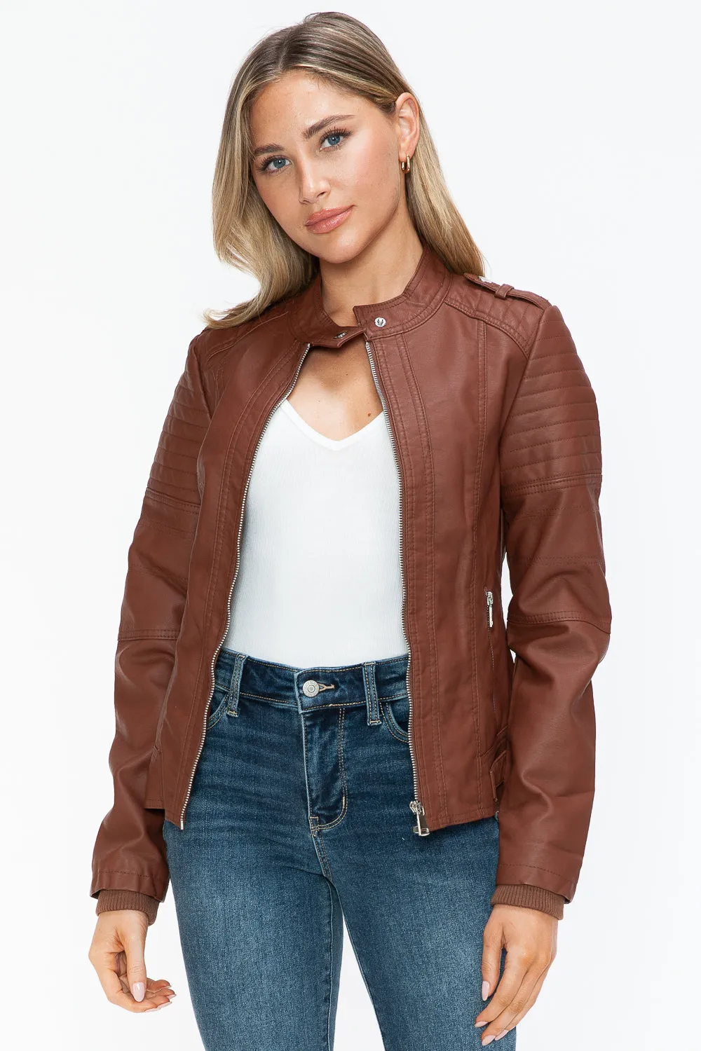 PU Leather Biker Jacket with Side Zip Pockets