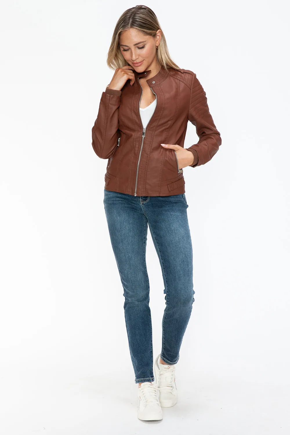 PU Leather Biker Jacket with Side Zip Pockets