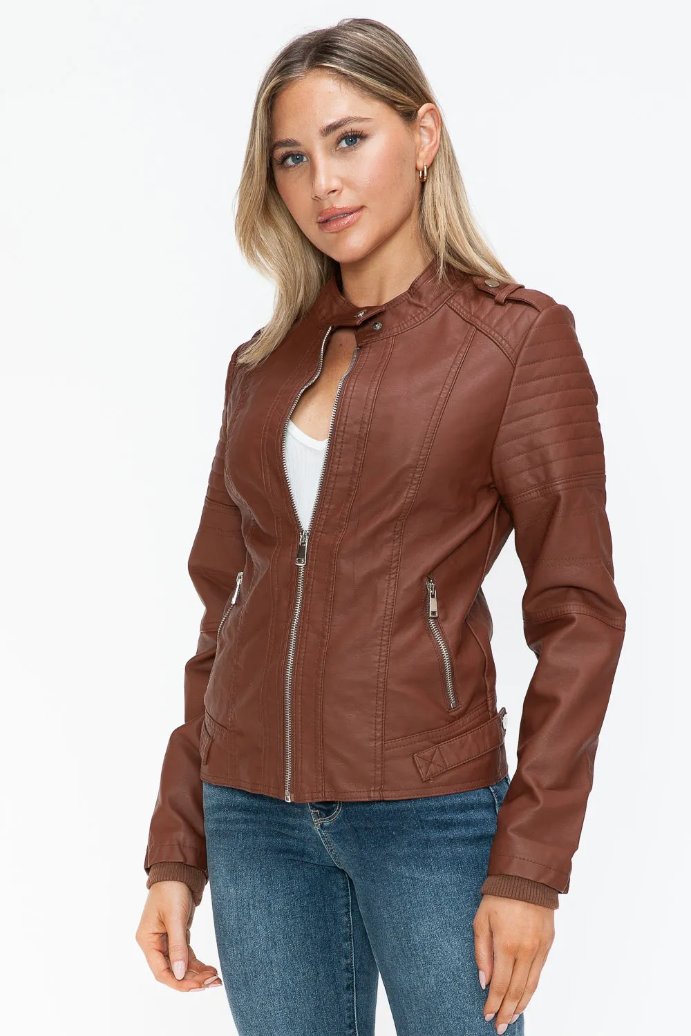 PU Leather Biker Jacket with Side Zip Pockets