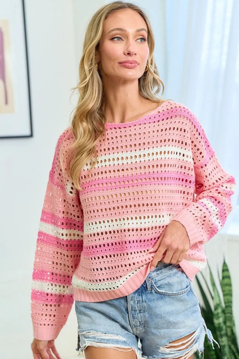 Striped Long Sleeve Openwork Knit Top