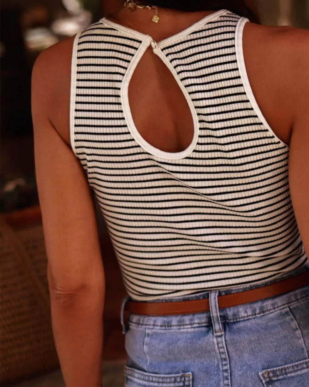 White Stripe Ribbed Knit Sleeveless Top