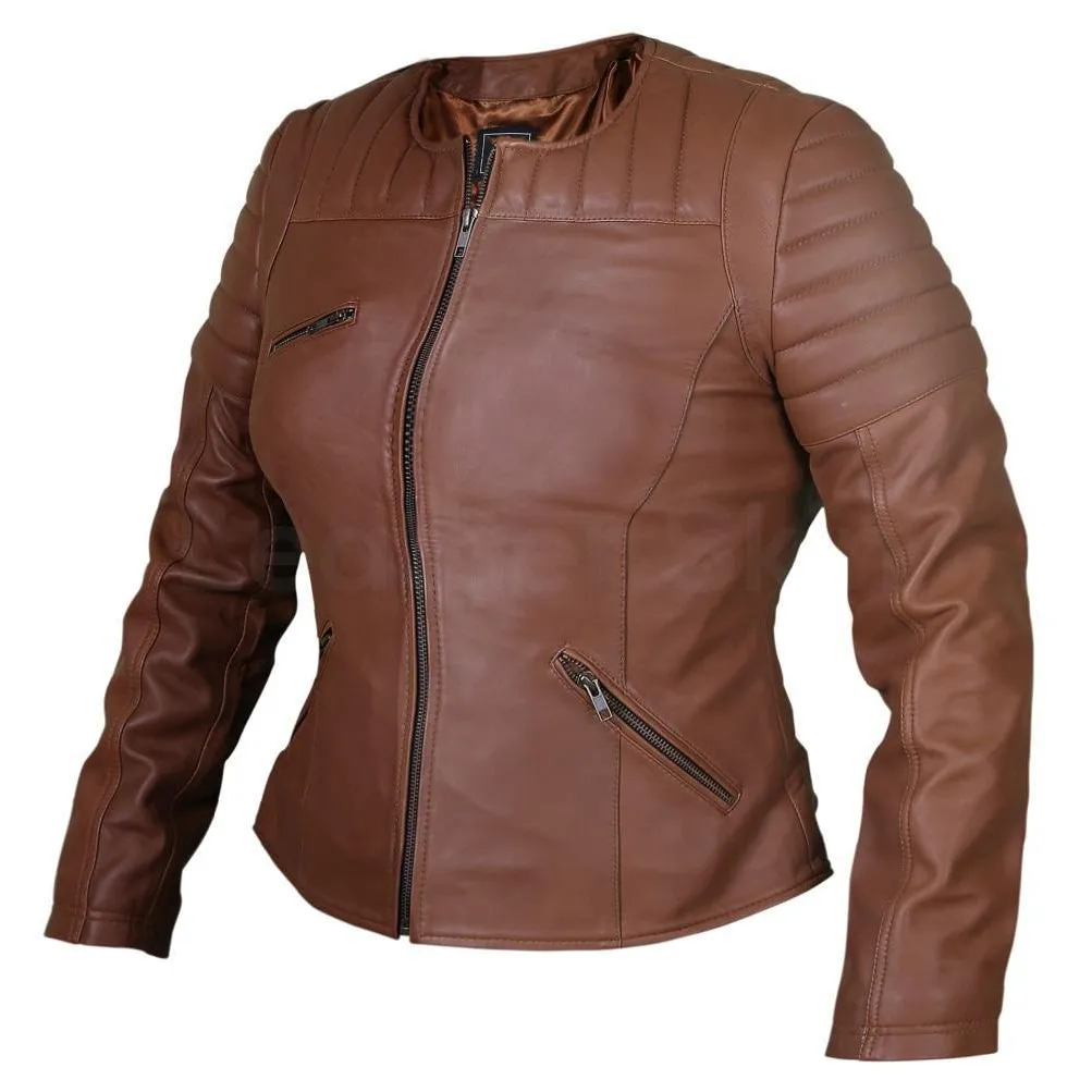 Women Brown Collarless Quilted Padded Shoulder Genuine Leather Jacket