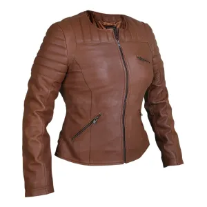 Women Brown Collarless Quilted Padded Shoulder Genuine Leather Jacket