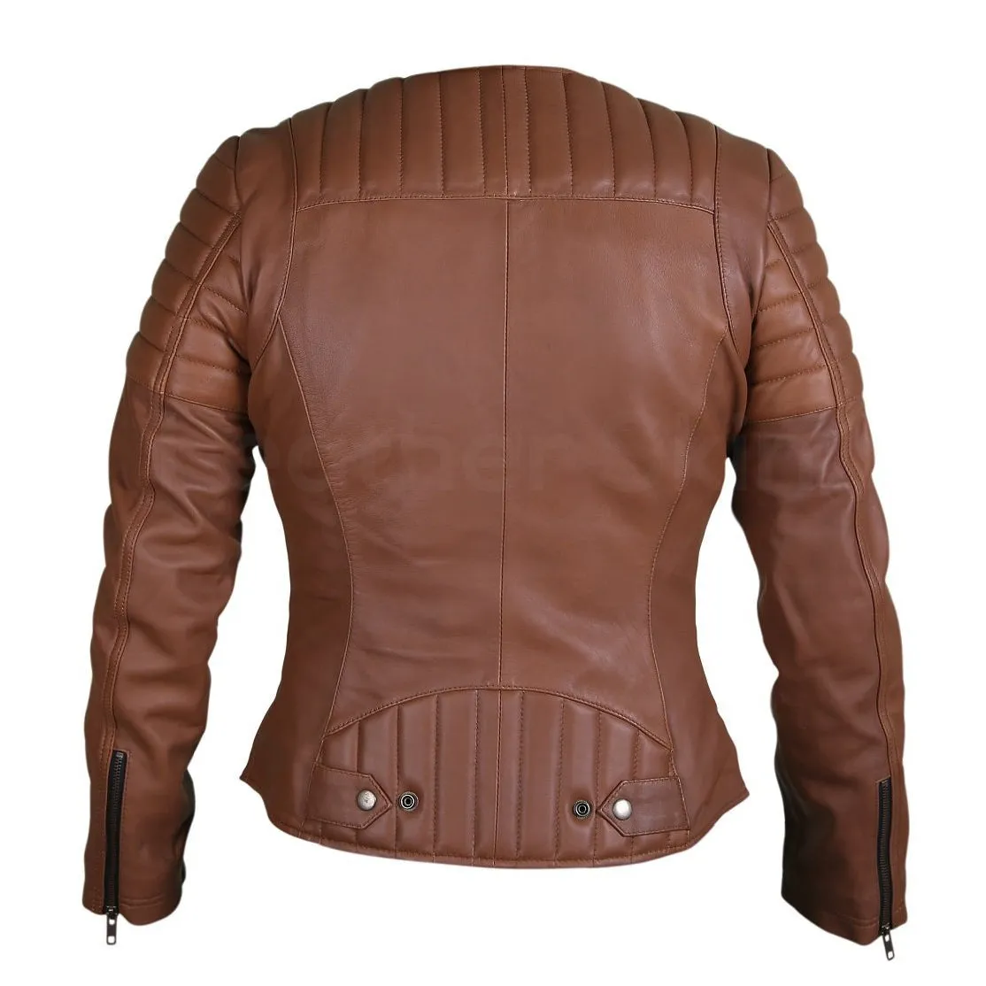 Women Brown Collarless Quilted Padded Shoulder Genuine Leather Jacket