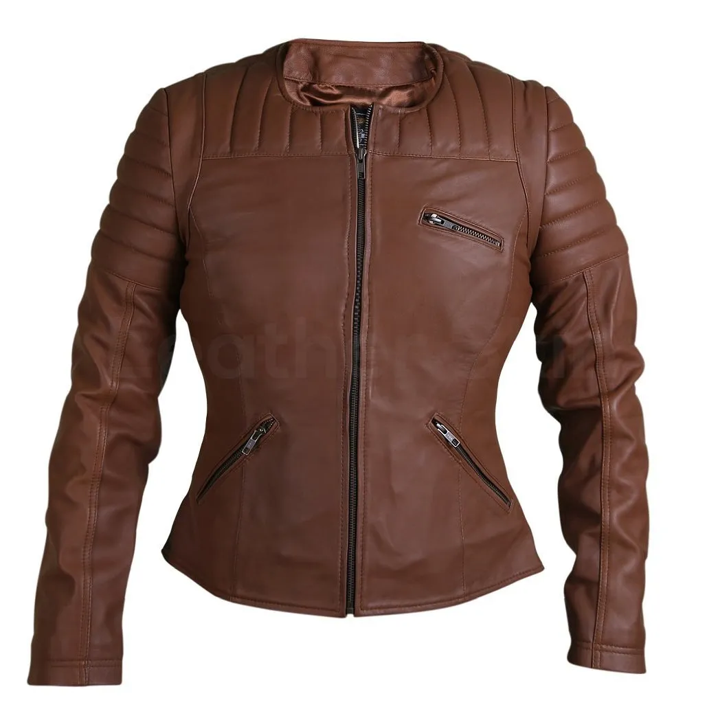 Women Brown Collarless Quilted Padded Shoulder Genuine Leather Jacket