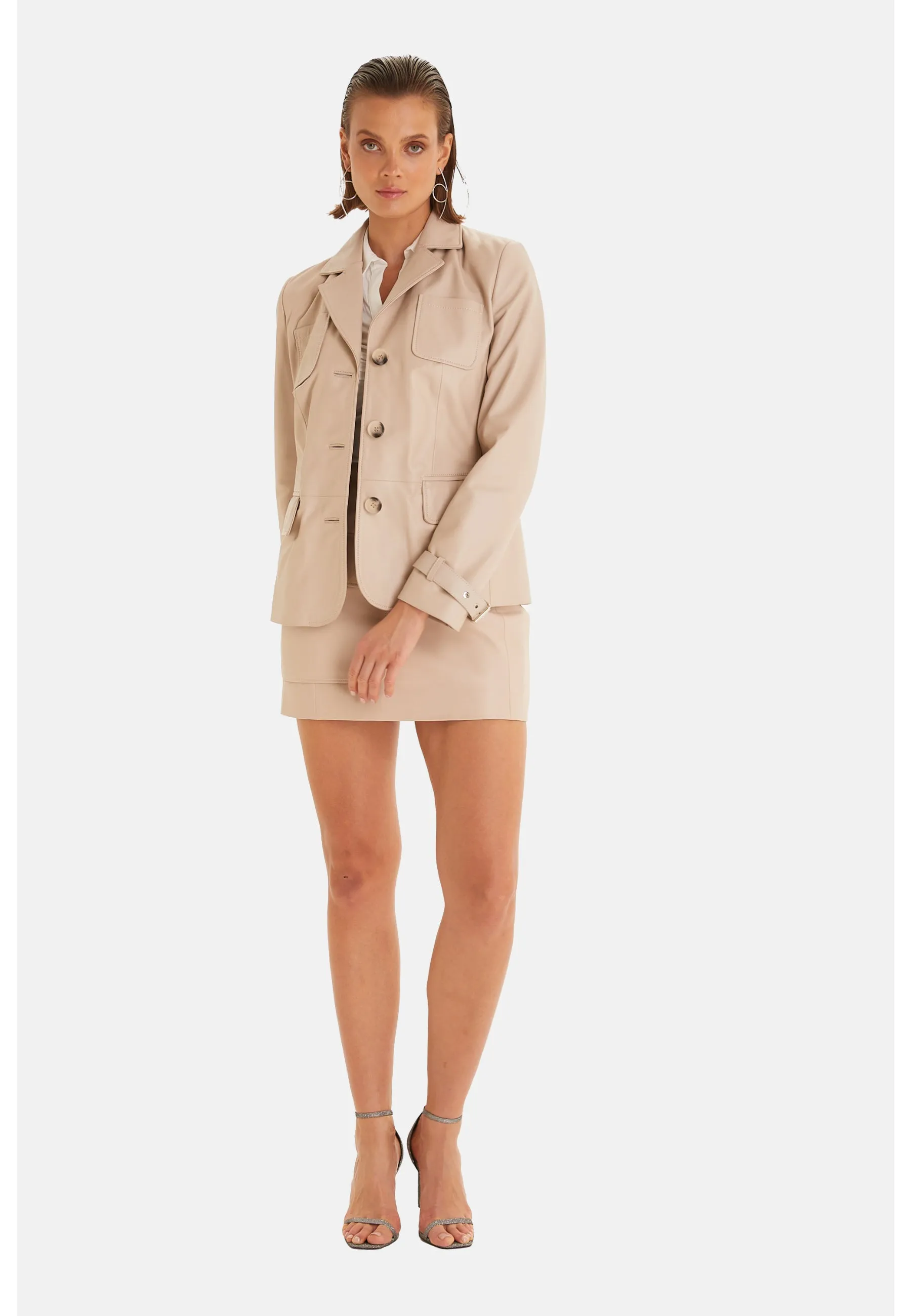 Women's Safari Jacket, Beige Leather