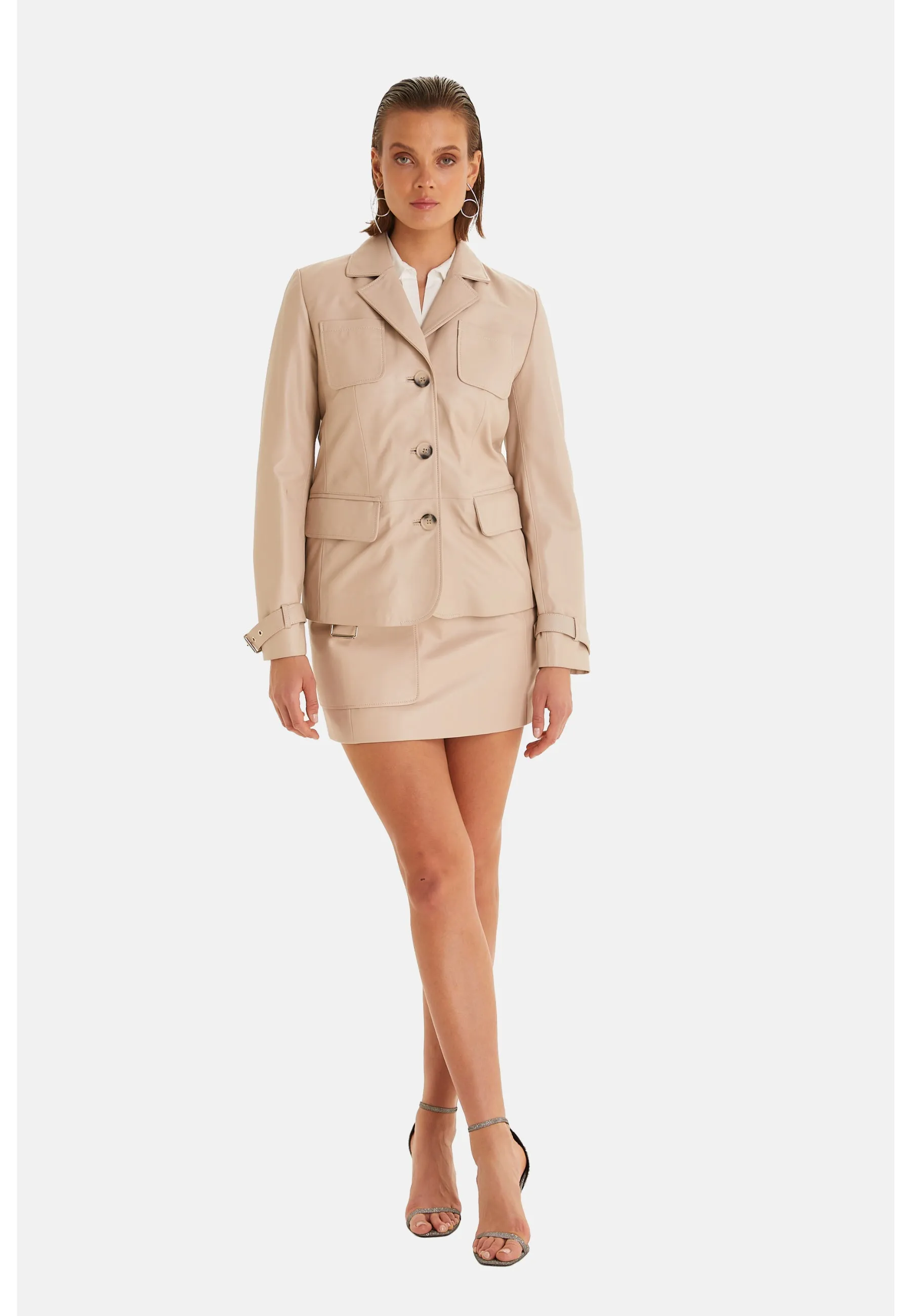 Women's Safari Jacket, Beige Leather